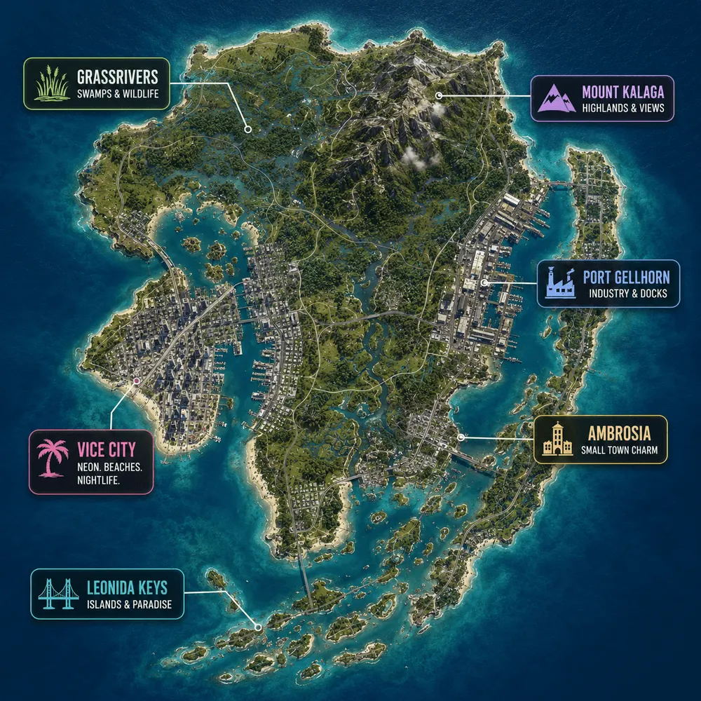 GTA 6-kart over Leonida: Vice City, Port Gellhorn, Mount Kalaga, Grassrivers, Ambrosia og Leonida Keys